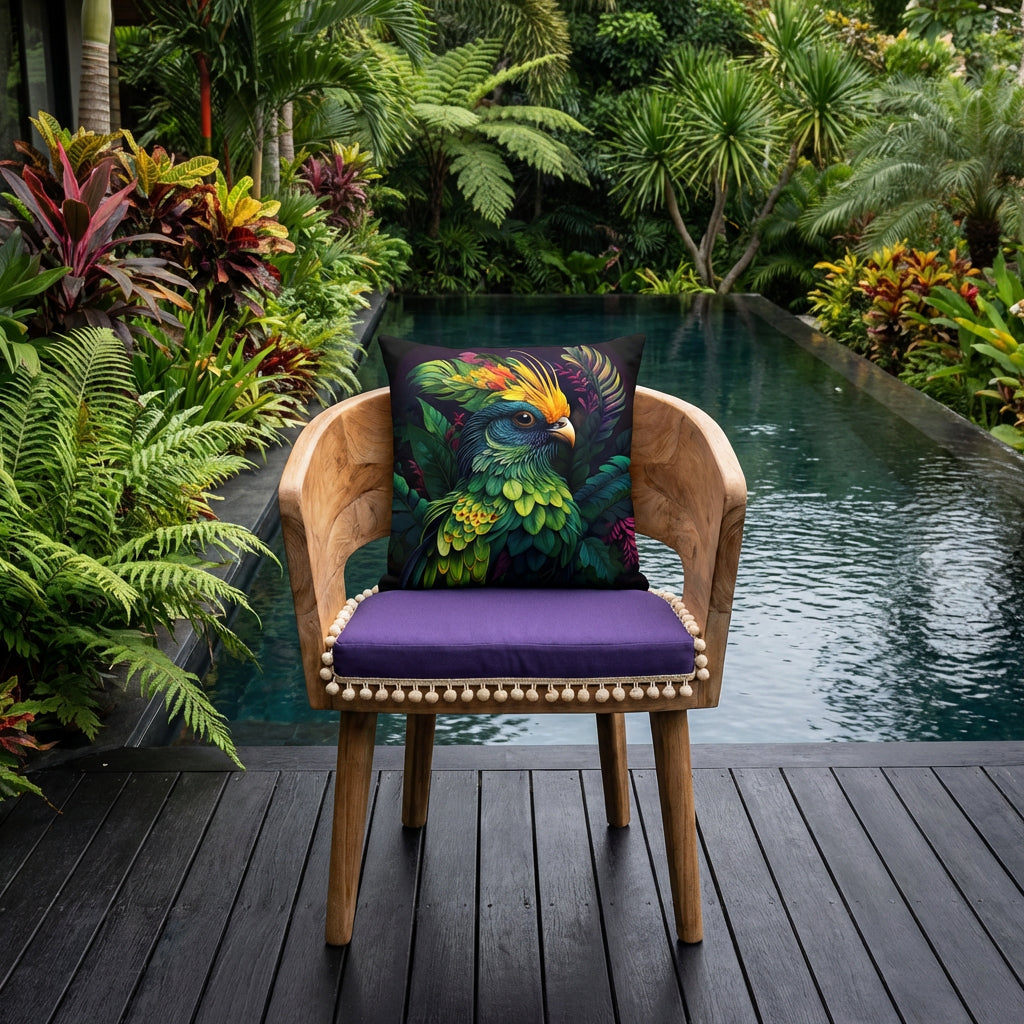 Photographie professionnelle décoration tropicale, vue de face d'un grand coussin motif oiseau exotique disposé sur une chaise au design original et contemporain en bois flotté, assise violet foncé finitions pompons écrus tout autour, placé sur une terrasse devant une piscine et un jardin.