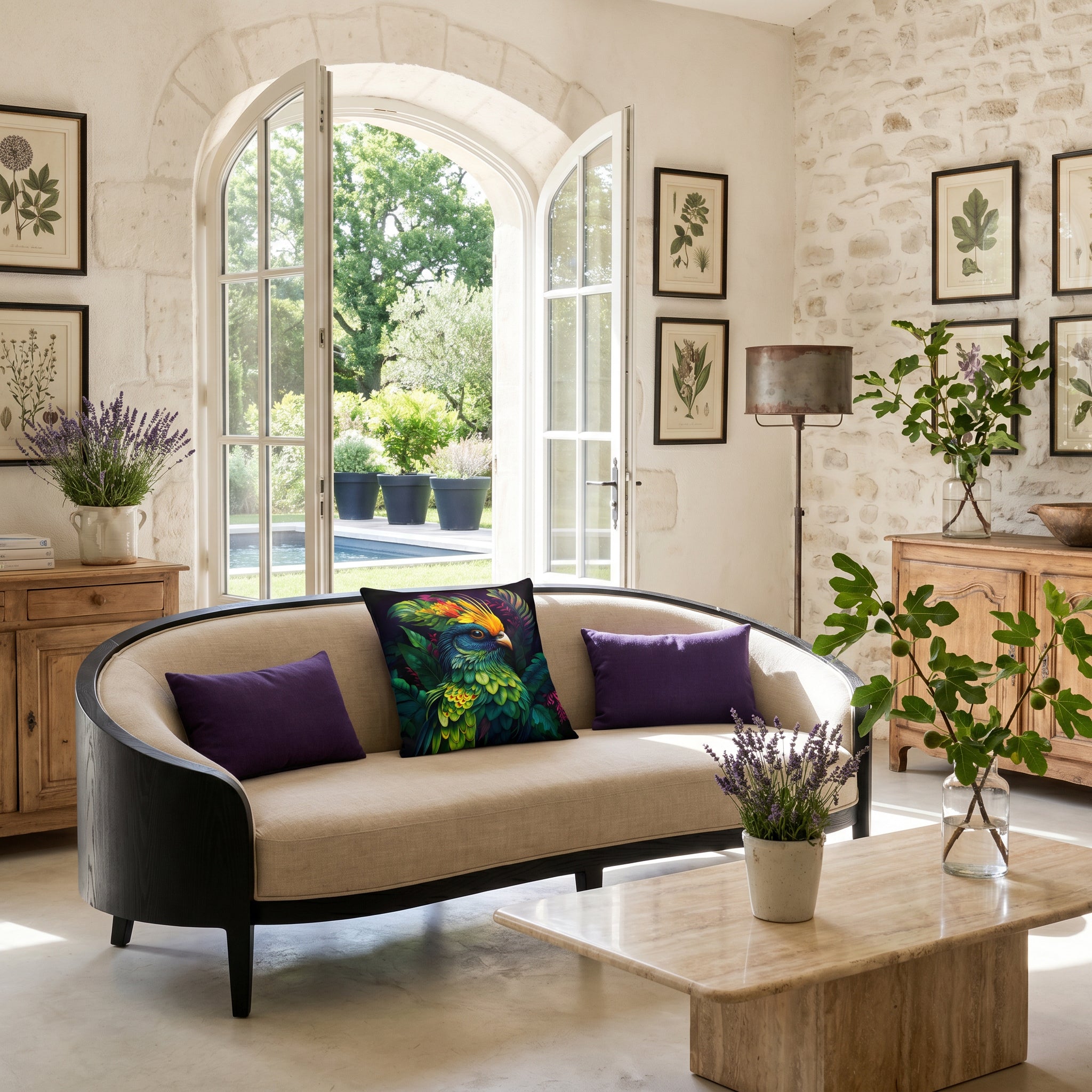 Photographie professionnelle décoration d'une bastide provençale  ensoleillée, montrant un large coussin mzelle design et 2 petits coussins violet foncé posés sur un canapé audacieux en forme de haricot en bois noir,  table en pierre polie naturelle. Porte-fenêtre en arche ouvrant sur un jardin. 