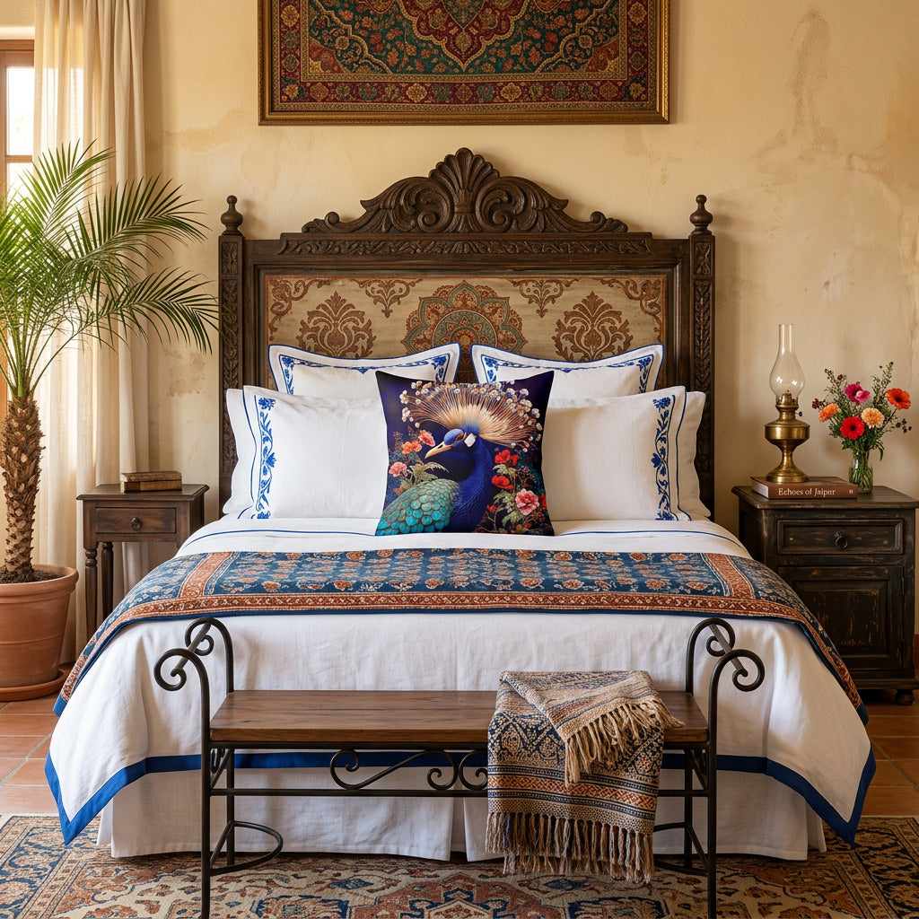 Photographie professionnelle de décoration de chambre d'hotel haut de gamme, inspiration indo-espagnole, vue  d'un superbe lit orné d'un coussin décoratif motif paon mzelle design au centre, disposé contre les oreillers de lin blanc.