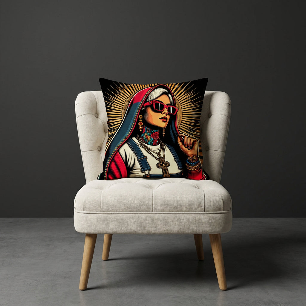 photographie professionnelle décoration de mobilier, fauteuil épuré de style crapaud velours écru capitonné avec un coussin mzelle design motif vierge marie posé dessus, placé dans un décor neutre.