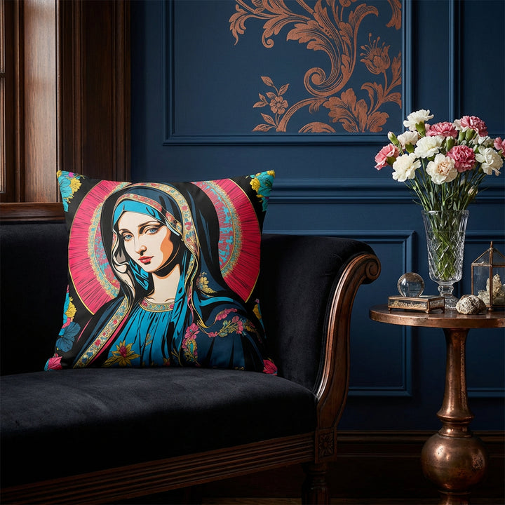 photographie professionnelle,  décoration d'un boudoir maximaliste italien, vue rapprochée de face sur un large coussin mzelle design motif vierge marie posé sur une banquette régence en velours noir placée dans bow-window en bois sombre verni. Mur bleu profond avec moulures classiques