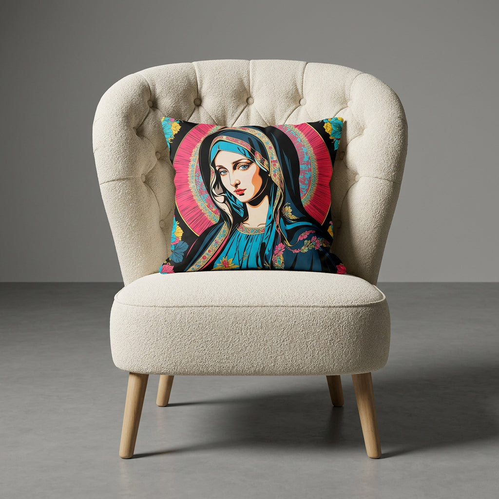 photographie professionnelle de mobilier de décoration, un fauteuil épuré de style crapaud écru capitonné avec un coussin mzelle design motif vierge marie posé dessus, placé dans un décor neutre.