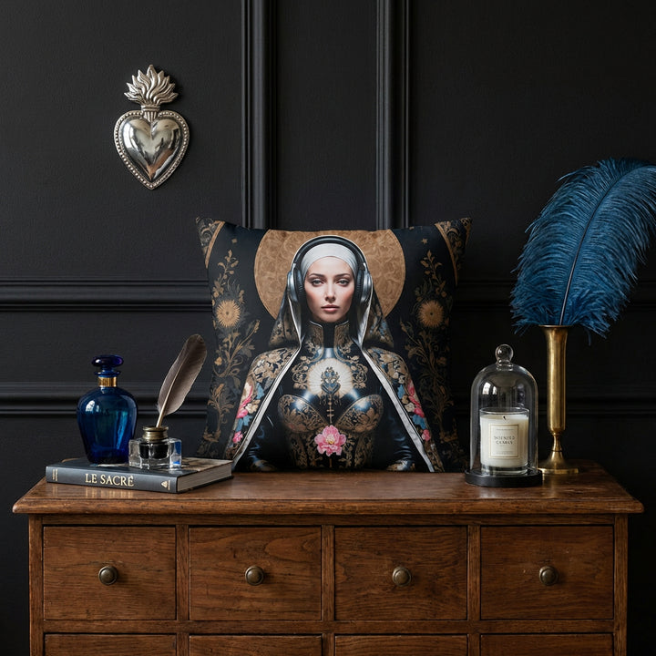 Photographie professionnelle d'intérieur d'un cabinet de curiosité, commode d'apothicaire où est posé un coussin carré mzelle design motif vierge marie,  flacon de parfum en verre bleu, encrier , un livre d'art "LE SACRÉ", bougie parfumée éteinte sous cloche en verre, une belle plume bleue dans un soliflore en laiton, un ex voto en chrome au mur.