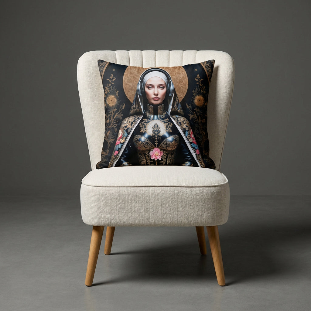 photographie professionnelle décoration de mobilier, fauteuil épuré de style crapaud écru capitonné avec un coussin mzelle design motif vierge marie posé dessus, placé dans un décor neutre.
