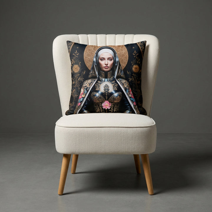 photographie professionnelle décoration de mobilier, fauteuil épuré de style crapaud écru capitonné avec un coussin mzelle design motif vierge marie posé dessus, placé dans un décor neutre.

