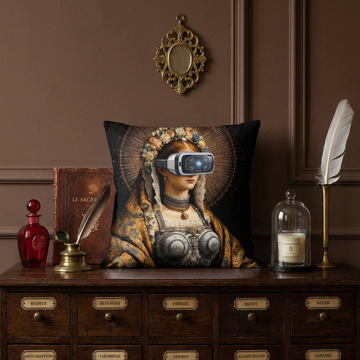 Photographie professionnelle d'intérieur d'un cabinet de curiosité, commode d'apothicaire où est posé un coussin carré mzelle design motif vierge marie,  flacon de parfum en verre, encrier , un livre d'art "LE SACRÉ", bougie sous cloche en verre, une belle plume dans un soliflore en laiton, un ex voto en chrome au mur.