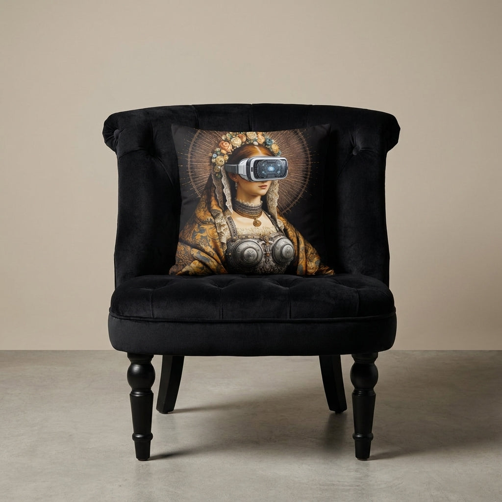 photographie professionnelle décoration de mobilier, fauteuil épuré de baroque noir capitonné avec un coussin mzelle design motif vierge mary posé dessus, placé dans un décor neutre.