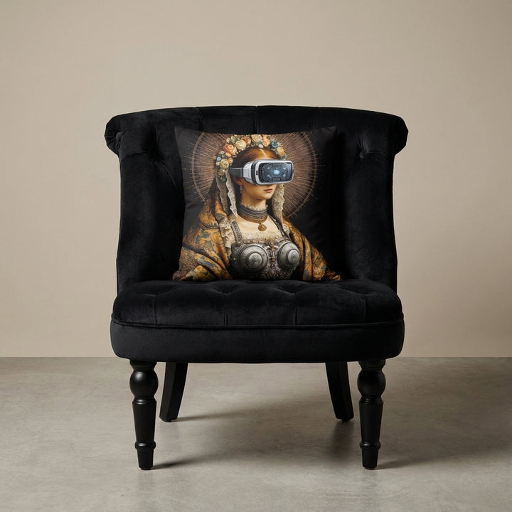 photographie professionnelle décoration de mobilier, fauteuil épuré de baroque noir capitonné avec un coussin mzelle design motif vierge mary posé dessus, placé dans un décor neutre.