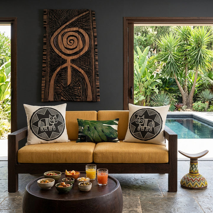 Photo professionnelle de décoration d'intérieur, salon Arty, villa provençale. Au premier plan un canapé en bois wengé rustiques, orné de 3 coussins mzelle design, sur un côté un tabouret tribal en bois et perles . Mur peint en gris anthracite décoré d'un grand panneau en bois, une table basse boule en bois de wengé garnie de tapas, ambiance estivale. 