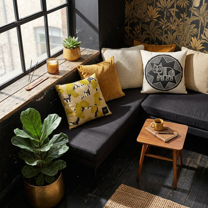 Photographie d’intérieur décoration de loft boho chic, banquette en tissu lin noir orné d'un mix and match de coussins mzelle design,  fenêtre industrielle, ficus dans un pot en laiton sur le sol, petite table d'appoint avec une tasse de café en céramique émail mat posée sur un carnet, mur papier peint jungle noir et ocre, sol en bois noir ancien irrégulier, objets décoratifs.