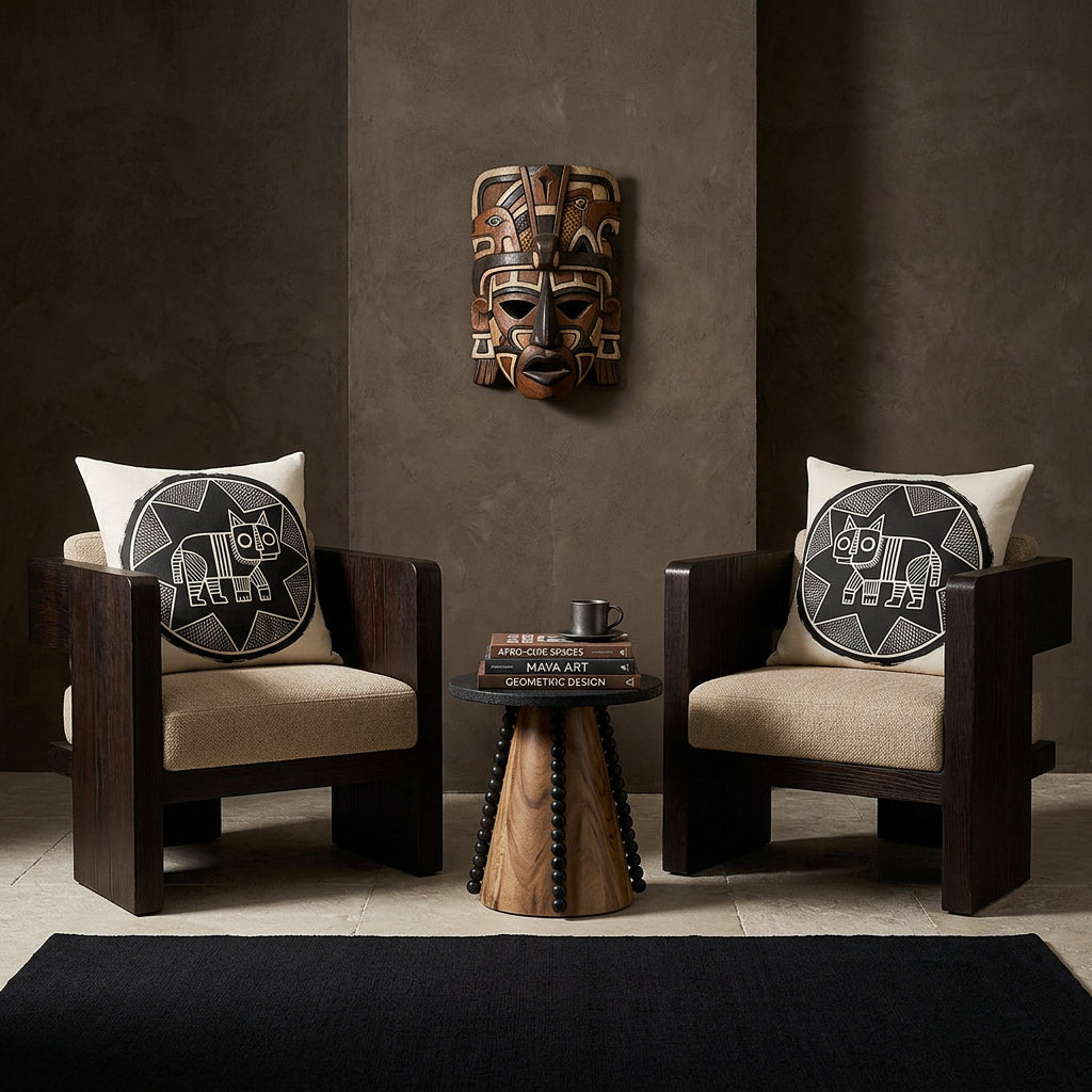 Photo professionnelle de décoration d'intérieur, salon afro chic brutaliste, deux fauteuils sculpturaux bas en bois de wengé massif aux lignes géométriques monolithiques, assises tissu texturé sable, chacun est orné d'un large coussin mzelle design motif félin noir et écru . Murs en béton brut teinté argile sombre décoré d'un masque maya en bois peint . Table basse artistique avec un socle en bois et perles noires.