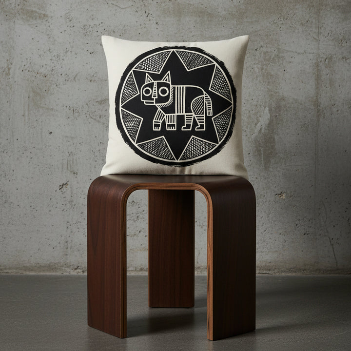 Photographie professionnelle studio,  de haute qualité : un coussin carré mzelle design motifs figuratifs, disposé sur un tabouret en bois noir de wengé, design moderne, disposé contre un mur brutaliste, dans un décor neutre, sobre, sol en ciment gris foncé.