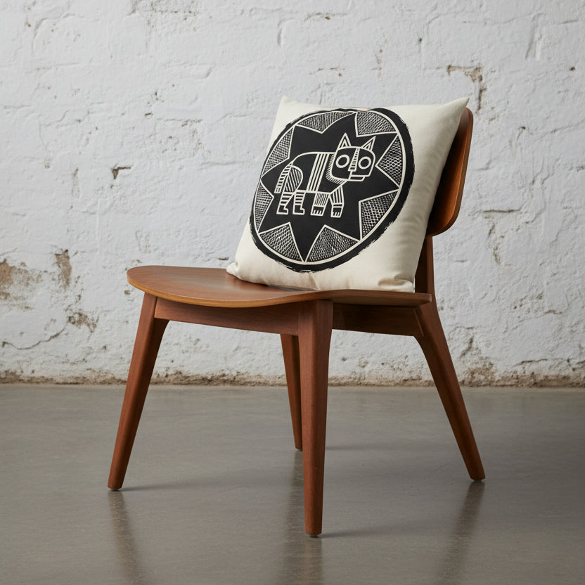 Photographie professionnelle studio,   décoration de haute qualité : un coussin carré mzelle design motifs figuratifs, disposé sur une chaise en bois, design moderne, disposé contre un mur de pierres, dans un décor neutre, sobre, sol en ciment gris foncé. Lumière studio, rendu éditorial.
