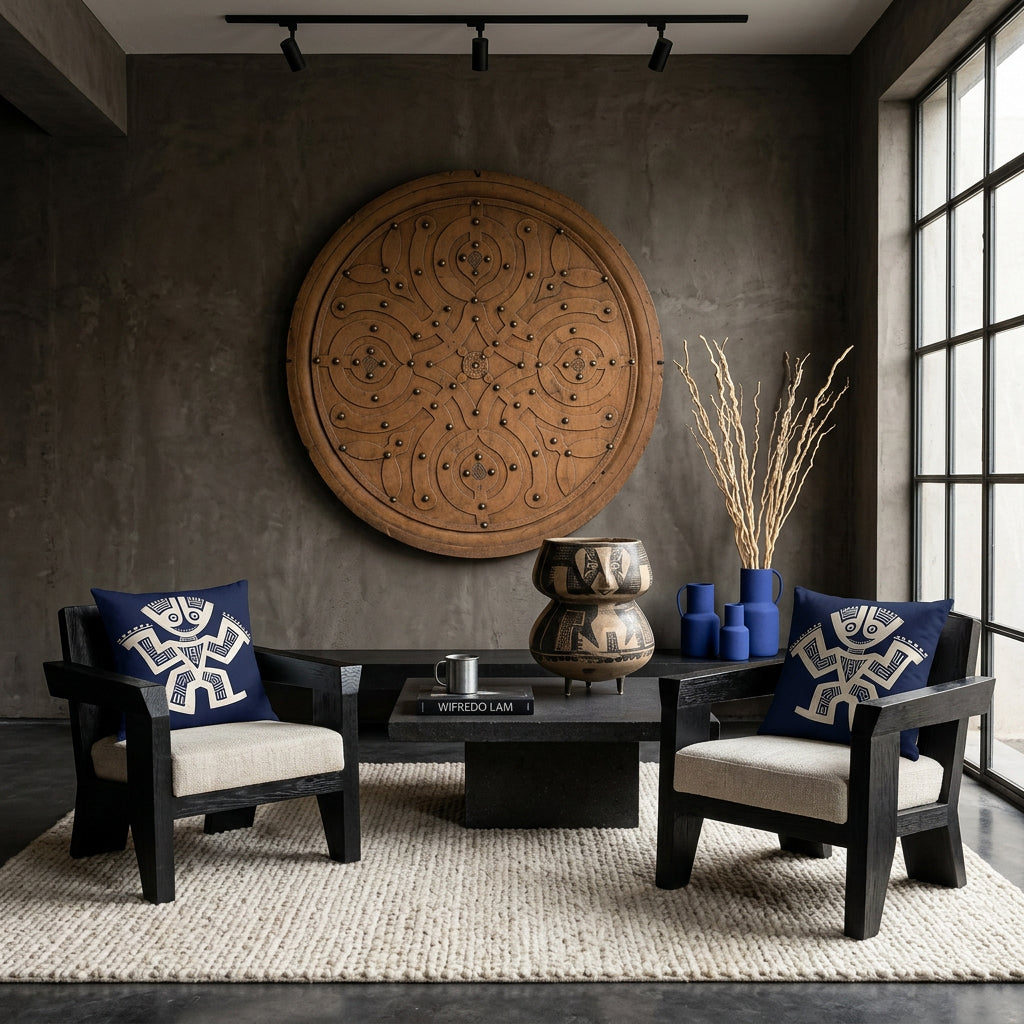 Photo professionnelle de décoration d'intérieur, salon brutaliste précolombien, vue de face. deux fauteuils sculpturaux bas en bois de noir vernis aux lignes géométriques monolithiques, assises tissu texturé écru, chacun est orné d'un large coussin mzelle design bleu et écru . Murs en béton brut teinté argile sombre décoré d'un bouclier en bois peint . Table basse monolithique en pierre volcanique.