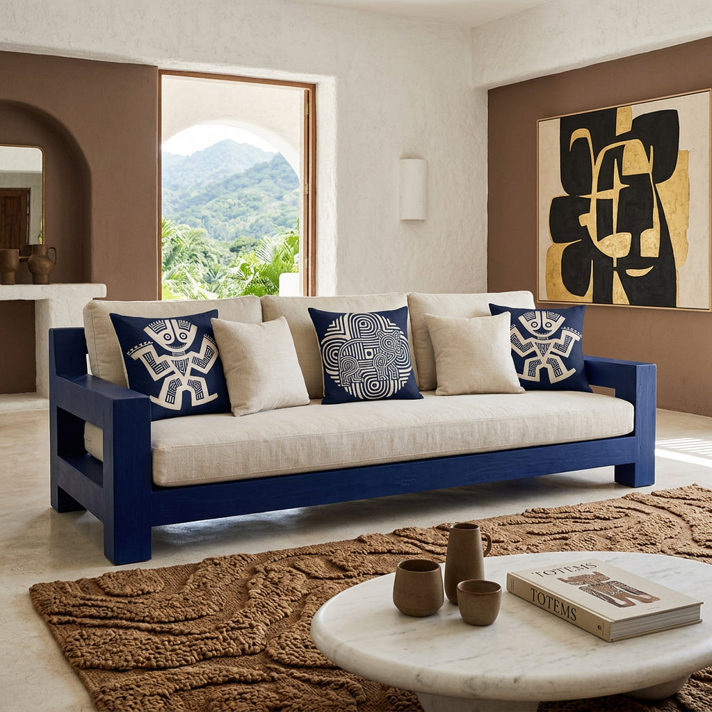 Photo professionnelle de salon Arty dans une villa d'amérique du sud avec murs blanchis à la chaux, canapé structure épaisse en bois peint bleu outremer, assises écrues avec trois coussins mzelle design, motifs bleu et écru. Murs texturés peint en brun cacao, sublimés par une œuvre abstraite monumentale noire et or inspirée des galeries d'art contemporaines. Table basse en forme de galet en marbre blanc lisse, 3 céramiques artisanales minimalistes, tapis laineux. 