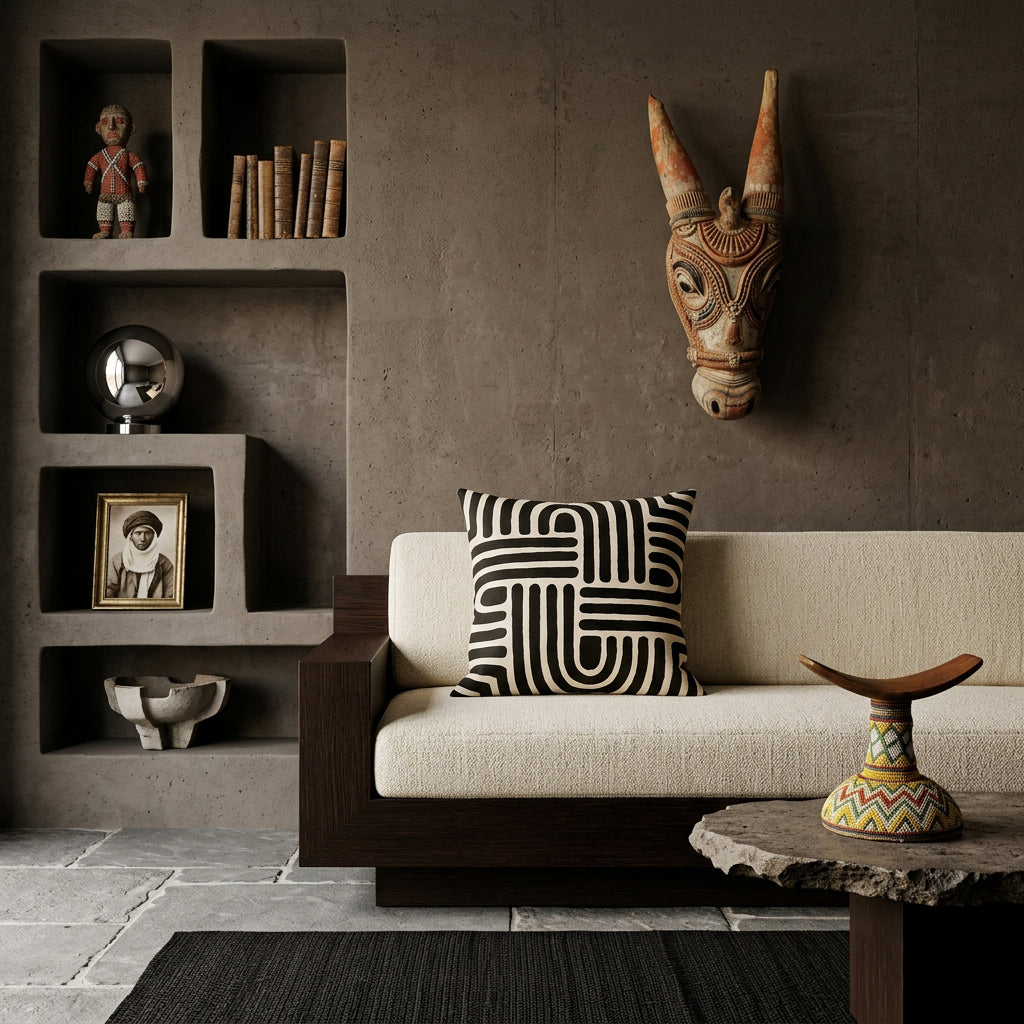 Photo professionnelle de décoration d'intérieur, salon afro chic brutaliste, vue de face. Canapé sculptural bas en bois de wengé massif aux lignes géométriques monolithiques, assises tissu texturé sable, orné d'un large coussin mzelle design, motifs tribaux. Murs en béton brut teinté argile sombre, niches architecturales asymétriques intégrées exposant divers objets décoratifs. 