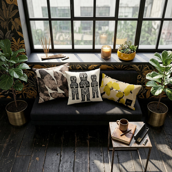 Photographie d’intérieur décoration de loft afro chic, banquette en tissu lin noir orné de larges coussins mzelle design motifs tribaux noir et blanc, adossés au mur sous une fenêtre industrielle, ficus dans un pot en laiton sur le sol, petite table d'appoint avec une tasse de café en céramique émail mat posée sur un carnet, mur papier peint jungle brun et écru, sol en bois noir. 