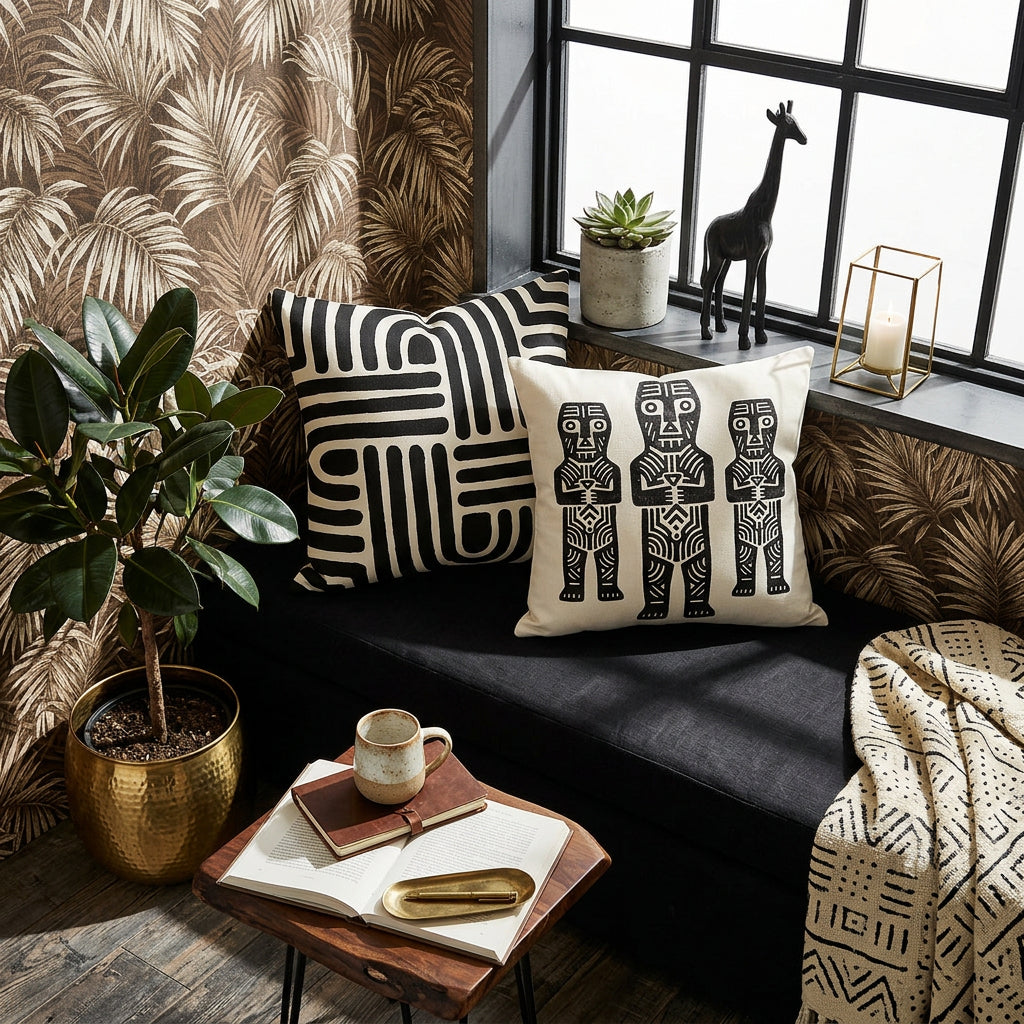 Photographie d’intérieur décoration de loft afro chic, banquette en tissu lin noir orné de larges coussins carrés mzelle design motifs tribaux noir et blanc, adossés au mur sous une fenêtre industrielle, ficus dans un pot en laiton sur le sol, petite table d'appoint avec une tasse de café en céramique émail mat posée sur un carnet, mur papier peint jungle brun et écru, sol en bois noir. 