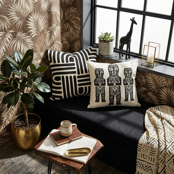 Photographie d’intérieur décoration de loft afro chic, banquette en tissu lin noir orné de larges coussins carrés mzelle design motifs tribaux noir et blanc, adossés au mur sous une fenêtre industrielle, ficus dans un pot en laiton sur le sol, petite table d'appoint avec une tasse de café en céramique émail mat posée sur un carnet, mur papier peint jungle brun et écru, sol en bois noir. 