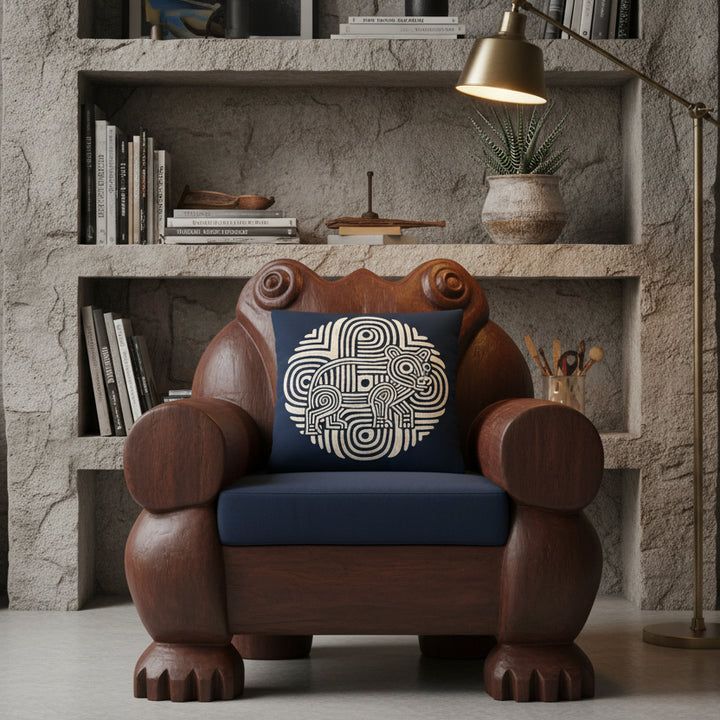 décoration d'intérieur fauteuil en forme de crapaud, orné d'un Coussin graphique de décoration de la marque MZelle Design, sur fond bleu  un animal écru sur un motif tribal, style rupestre moderne