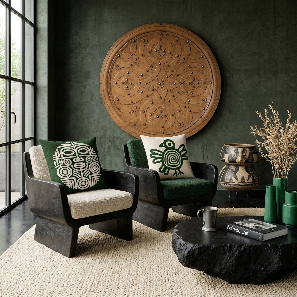 Photo professionnelle de décoration d'intérieur, salon brutaliste précolombien, deux fauteuils sculpturaux bas en bois de manguier vernis aux lignes géométriques monolithiques, assises tissu texturé écru, chacun est orné de coussins mzelle design motifs maya . Murs en béton brut teinté vert sombre décoré d'un bouclier en bois peint .Table basse monolithique en pierre volcanique avec une tasse en étain, livre d'art couverture noire titre "Wifredo Lam". Sol en béton ciré noir.