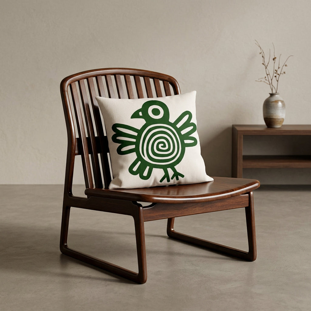 Photographie professionnelle lifestyle d'un coussin mzelle design motif maya vert, disposé sur un fauteuil  moderne en bois de manguier laqué, assise en bois, disposé contre un mur, dans un décor beige neutre, sobre, sol en ciment couleur unie.