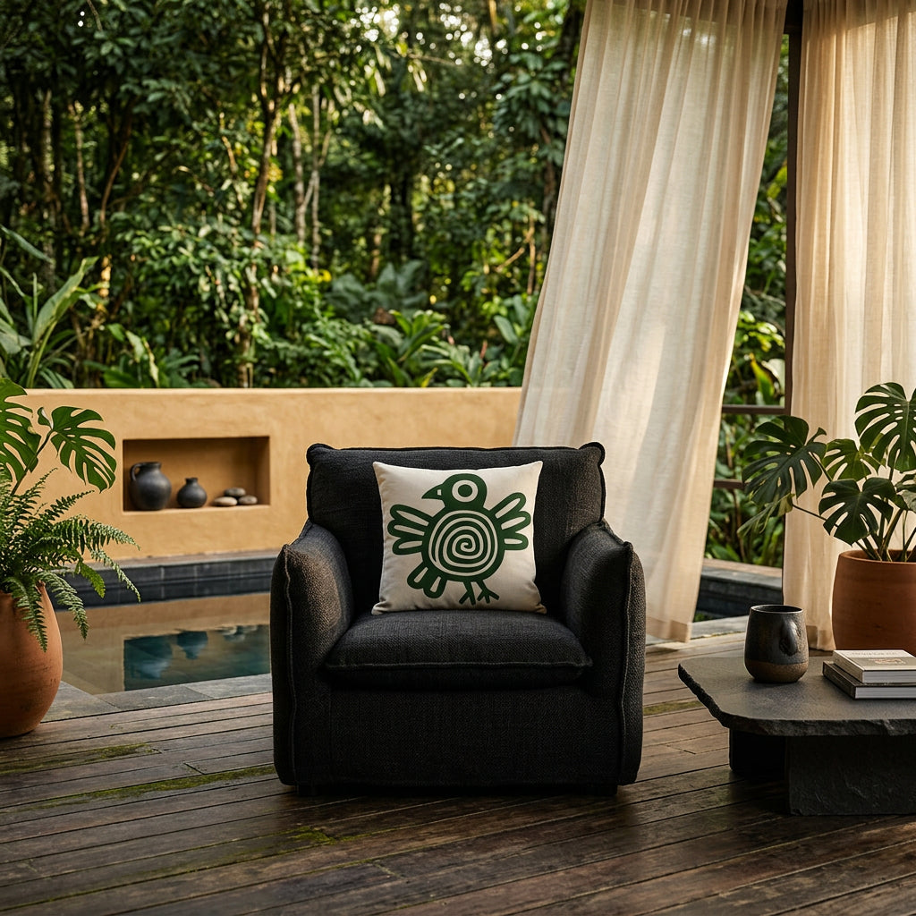 Photo professionnelle lifestyle, décoration terrasse d’eco-lodge du costa-rica, grand fauteuil en tissu noir texturé vue de face, orné d'un large coussin mzelle design motif oiseau maya , table basse en pierre volcanique, sol en bois brut, poteries artisanales dans un muret peint en ocre, rideaux en lin creme flottant dans une brise chaude, architecture ouverte sur une jungle luxuriante et piscine. 