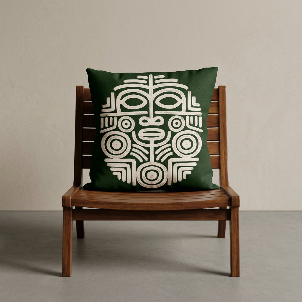 Photographie professionnelle lifestyle d'un coussin mzelle design motif maya vert, disposé sur un fauteuil  moderne en bois de manguier laqué, assise en bois, disposé contre un mur, dans un décor beige neutre, sobre, sol en ciment couleur unie.