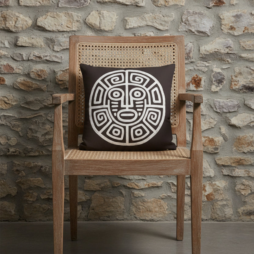 Photographie professionnelle studio de décoration haut de gamme : un coussin carré disposé sur une chaise créole en bois d'acacia rustique au design vintage, dossier et assise en cannage beige, disposé contre un mur de pierres naturelles dans un décor neutre.