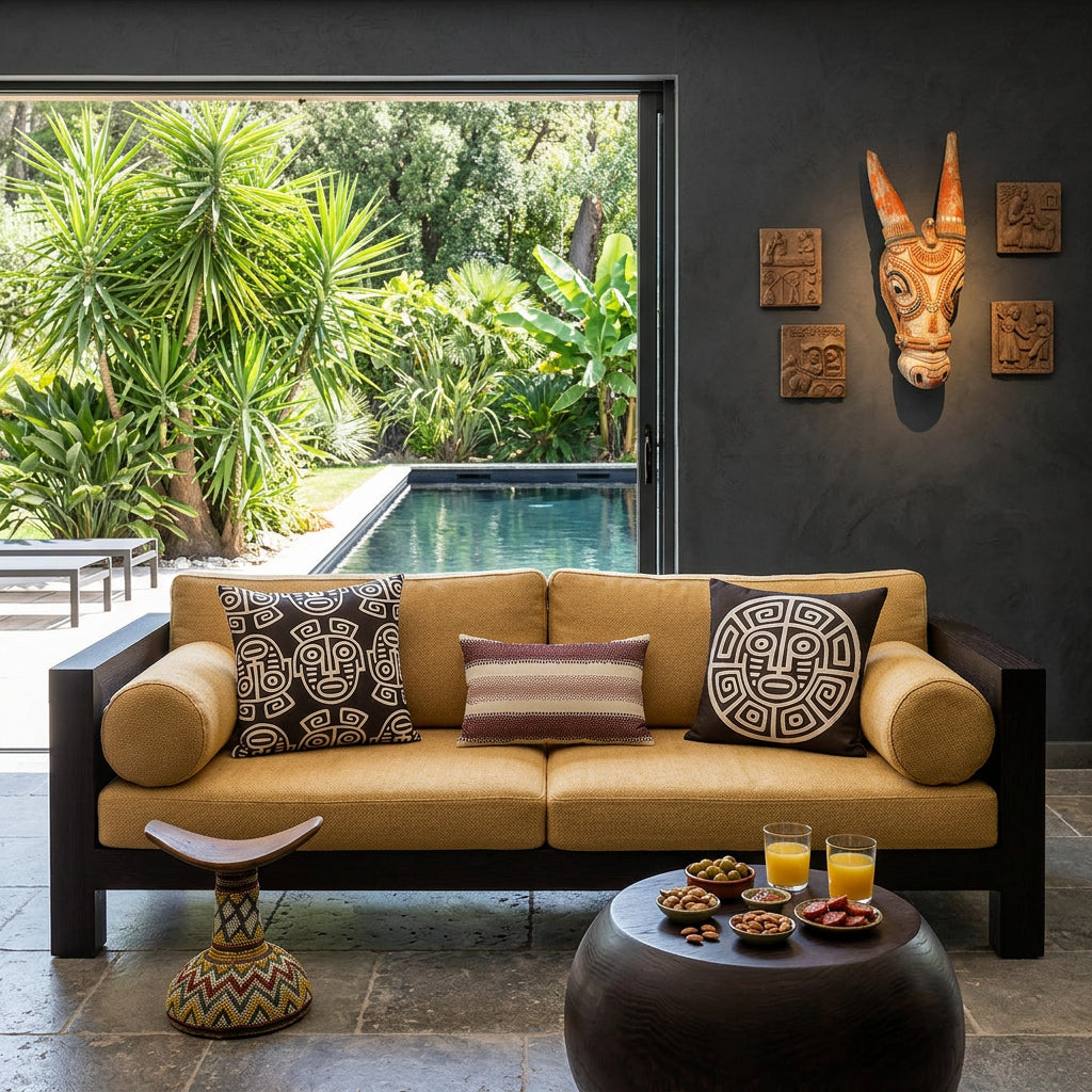 Photo professionnelle de décoration d'intérieur, salon Arty, villa provençale. Au premier plan vue de face d'un canapé en bois wengé rustiques, assises en twill ocre jaune avec des coussins mzelle design motifs maya ,  Mur peint en gris anthracite décoré d'un masque en bois peint, une table basse boule en bois de wengé garnie de tapas et 2 verres de jus de fruit.
