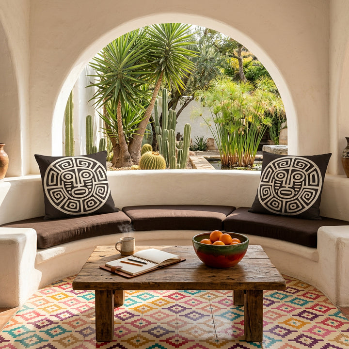 Photo professionnelle hautement détaillée, salon Arty dans une villa mexicaine , canapé en demi-lune, intégré dans le mur , assises marron foncé avec 2 coussins mzelle design motifs maya, dans un agencement harmonieux, table basse en bois rustique avec une tasse de café, carnet, coupe en grès rouge et vert dégradé contenant des oranges. Sol en carrelage coloré. En arrière plan, une arche ouverte sur un jardin espagnol. 