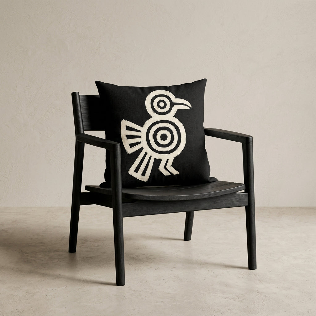 Photographie professionnelle studio, décoration avec un coussin mzelle design motif maya disposé sur un fauteuil japandi moderne en bois noir vernis, assise en bois, disposé contre un mur, dans un décor beige neutre, sobre.