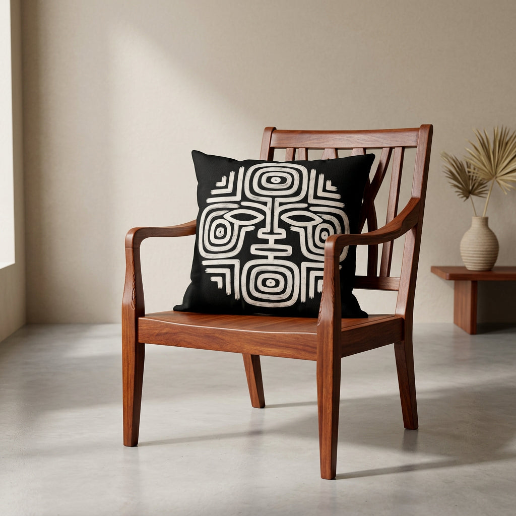 Photographie professionnelle studio, décoration avec un coussin mzelle design motif maya disposé sur un fauteuil japandi moderne en bois noir vernis, assise en bois, disposé contre un mur, dans un décor beige neutre, sobre.