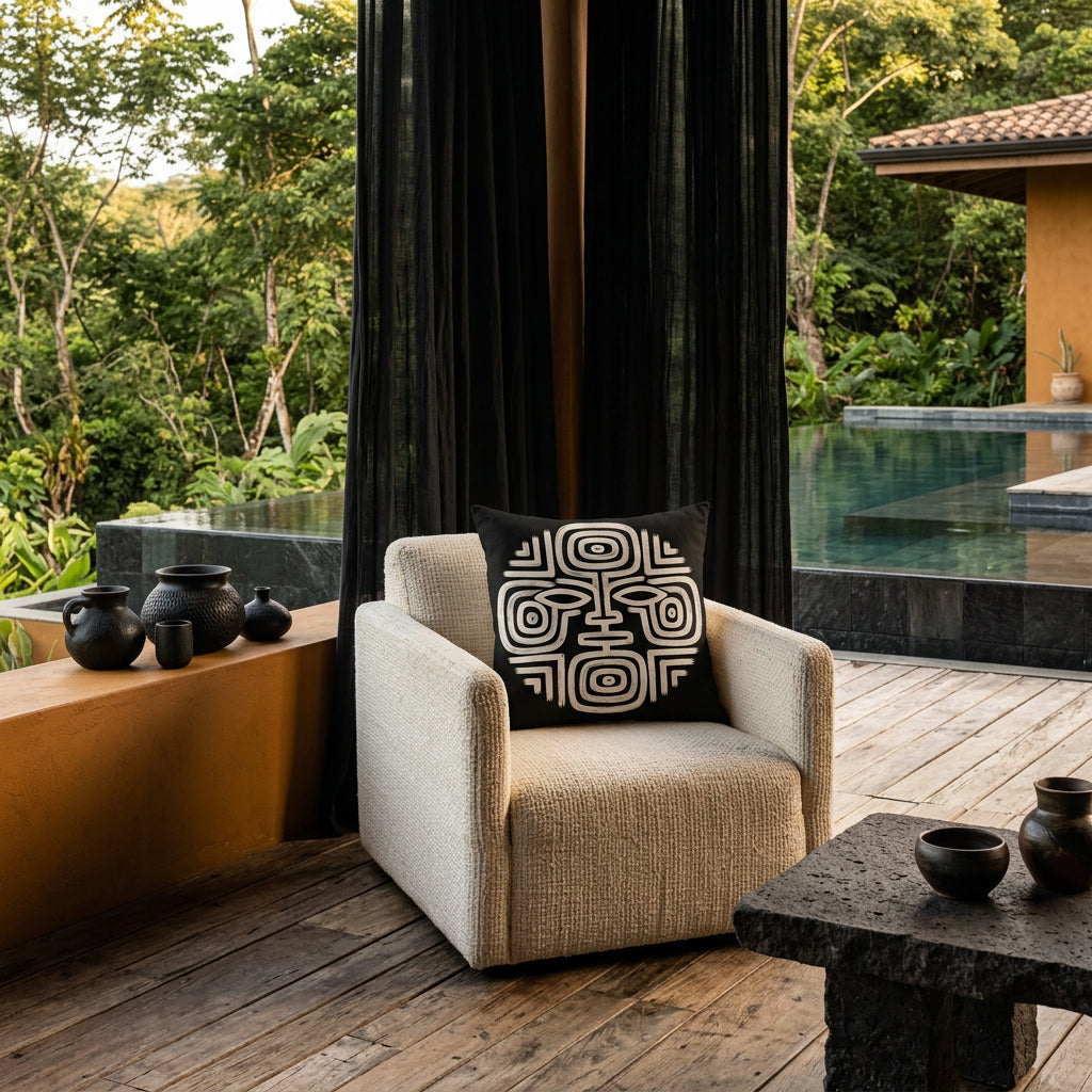 Photo professionnelle lifestyle, décoration terrasse d’eco-lodge du costa-rica, grand fauteuil en tissu crème texturé orné d'un large coussin mzelle design motif maya , table basse en pierre volcanique, sol en bois brut, poteries artisanales dans un muret peint en rouille, rideaux en lin noir flottant dans une brise chaude, architecture ouverte sur une jungle luxuriante et piscine sombre moderne.