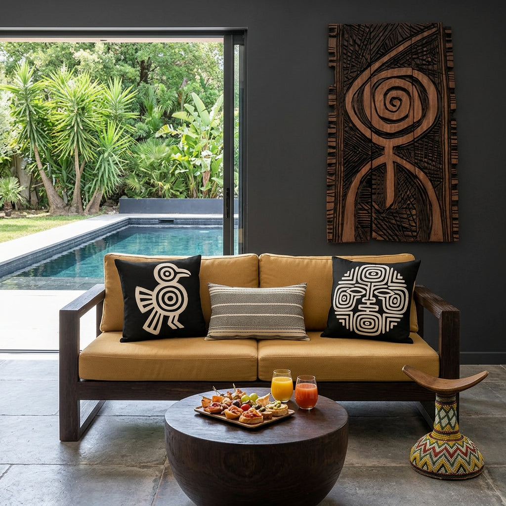 Photo professionnelle de décoration d'intérieur, salon Arty, villa provençale. Au premier plan vue de face d'un canapé en bois wengé rustiques, assises en twill ocre jaune avec 3 coussins mzelle design motifs noir et blanc. Tabouret tribal en bois et perles. Mur peint en gris anthracite décoré d'un grand panneau en bois wengé. 