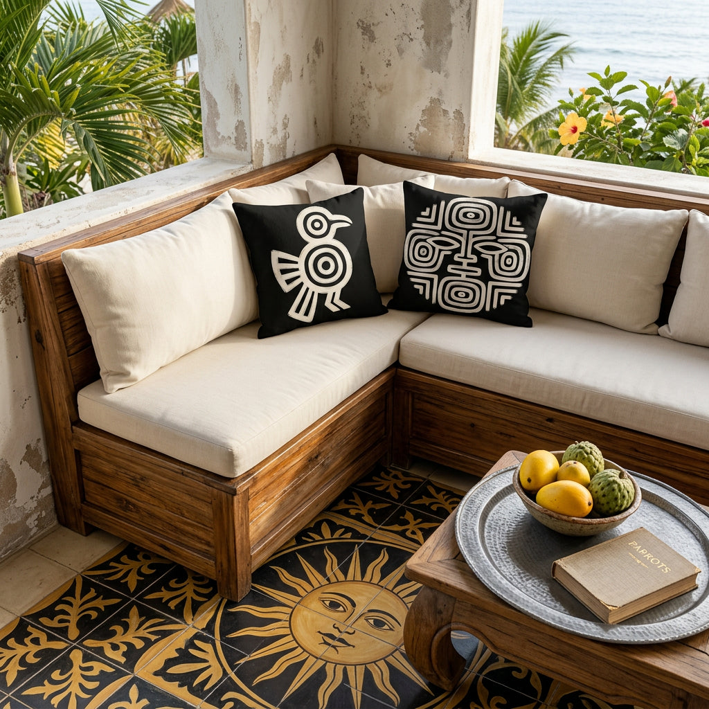 Photo professionnelle de décoration, terrasse d'une villa créole, vue en plongée sur un angle aménagé d'une banquette-coffre en bois flotté ornée de 2 coussins décoratifs mzelle design noir et écru, sol en carrelage noir et jaune formant un soleil, table en bois brut sculpté, garnie d'un plateau en étain avec une coupe de fruits tropicaux (mangues et attiers). 