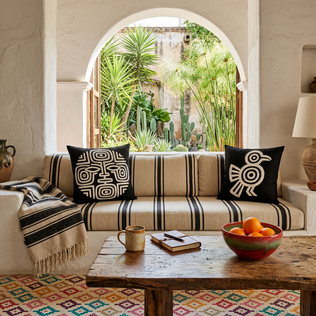 Photo professionnelle salon Arty dans une villa mexicaine, canapé droit intégré dans le mur , assises rayées noir et écru avec un large coussin carré de chaque côté mzelle design motifs noir et écru, table basse en bois rustique avec une tasse de café, carnet, coupe en grès rouge et vert dégradé contenant des oranges. Sol en carrelage coloré.En arrière plan, une arche ouverte sur un jardin espagnol.