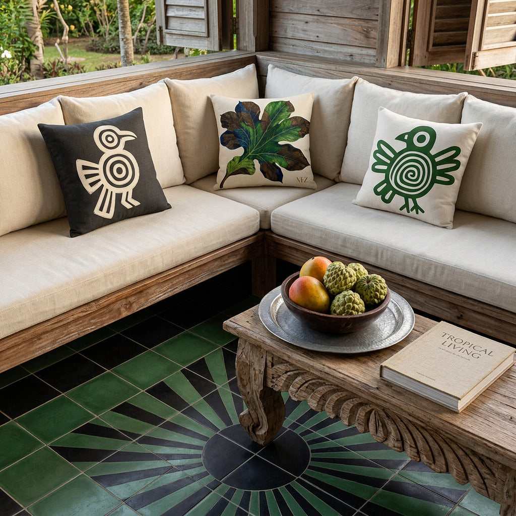 Photo professionnelle de décoration, terrasse d'une villa créole, banquette-coffre en bois flotté verni, assises écrues en lin, sans accoudoirs, ornée de 3 coussins décoratifs mzelle design motifs tropicaux , sol en carrelage noir et vert formant un soleil, table en bois brut sculpté, garnie d'un plateau en étain avec une coupe de fruits tropicaux (mangues et attiers) et un livre "TROPICAL LIVING", Atmosphère estivale invitante et sereine, belle lumière de matinée.