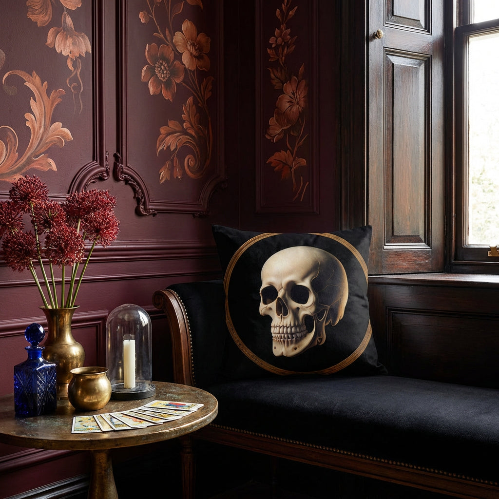 photographie professionnelle, décoration d'un boudoir , vue de face sur un coussin motif moderne de crâne vanité, posé sur une banquette régence en velours noir placée dans bow-window en bois sombre verni. Mur bordeaux profond avec moulures classiques, partiellement décoré d'une fresque florale baroque cuivré stylisé, sur un guéridon en bois patiné, objets de cabinet de curiosité. Ambiance mystérieuse.