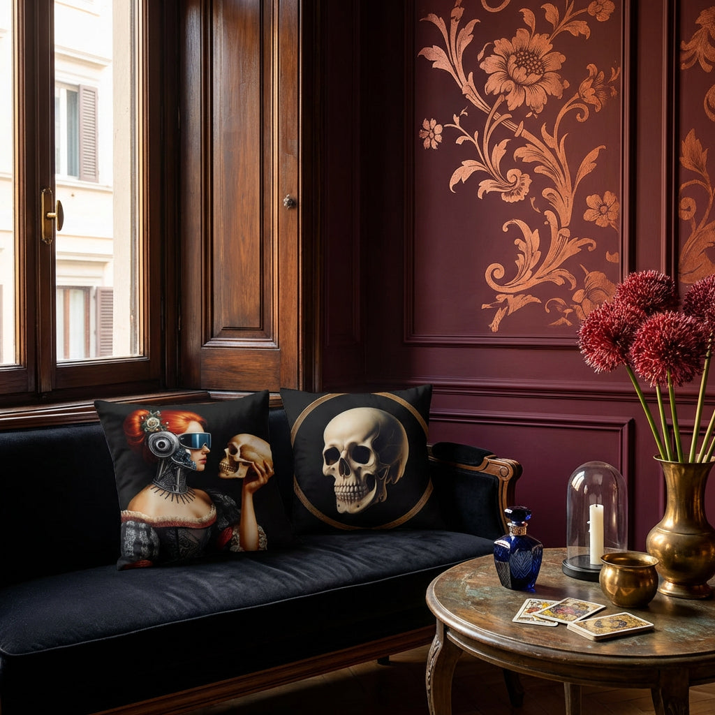 photographie professionnelle, décoration d'un boudoir , vue de face sur 2 coussins motif moderne de femme cyborg et un crâne vanité, posé sur une banquette régence en velours noir placée dans bow-window en bois sombre verni. Mur bordeaux profond avec moulures classiques, partiellement décoré d'une fresque florale baroque cuivré stylisé, sur un guéridon en bois patiné, objets de cabinet de curiosité. Ambiance mystérieuse.