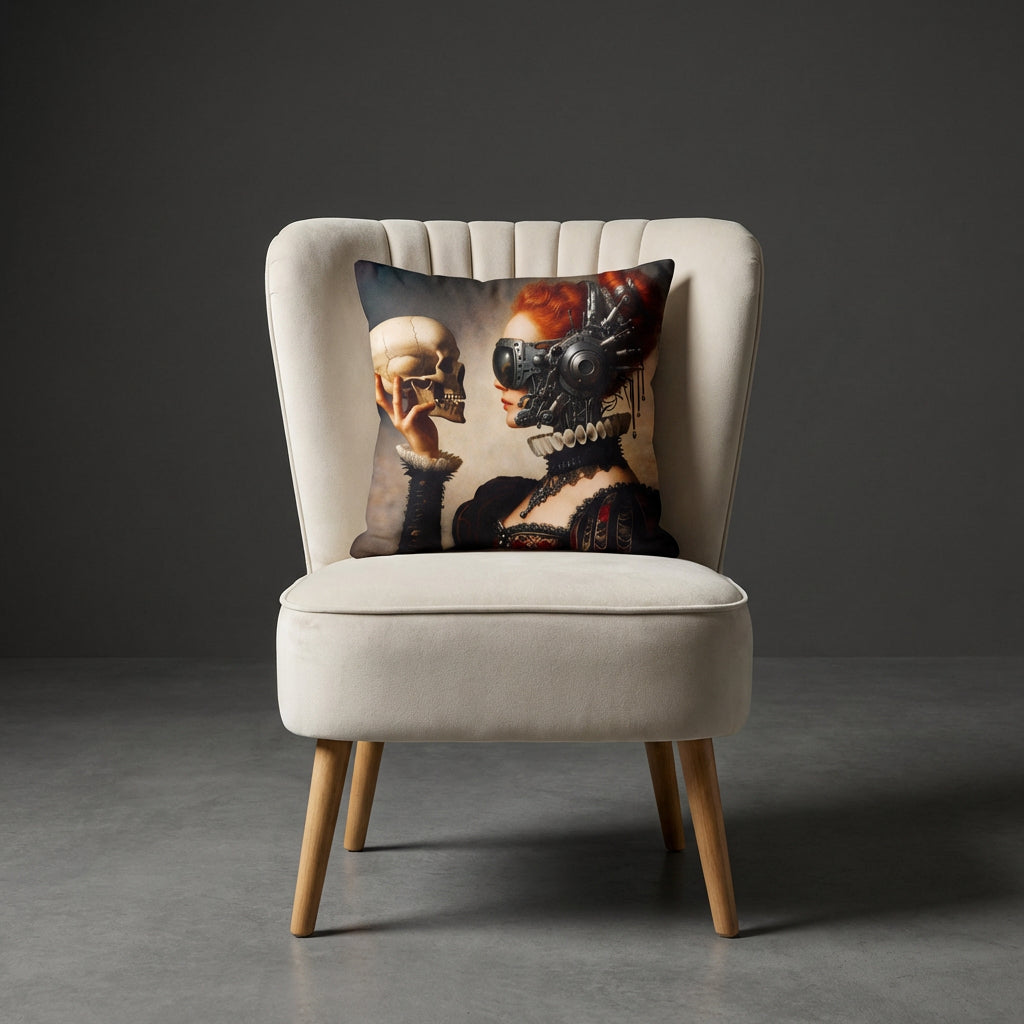 photographie professionnelle décoration de mobilier, fauteuil épuré de style crapaud écru capitonné avec un coussin mzelle design motif femme futuriste vanité posé dessus, placé dans un décor neutre.