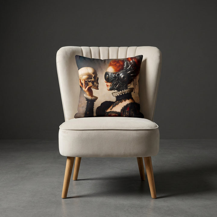 photographie professionnelle décoration de mobilier, fauteuil épuré de style crapaud écru capitonné avec un coussin mzelle design motif femme futuriste vanité posé dessus, placé dans un décor neutre.
