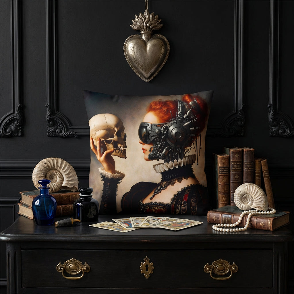 Photographie professionnelle d'un cabinet de curiosité,  commode d'apothicaire où est posé un coussin carré motif vanité femme avec tête de mort entouré des objets  flacon de parfum en verre bleu, encrier en faience noir, cartes de tarot, livres anciens, coquillages fossiles, collier de perle dessus, un ex voto au mur. Ambiance mystérieuse et chic.
