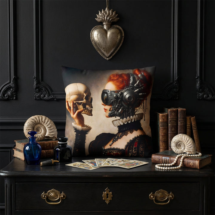 Photographie professionnelle d'un cabinet de curiosité,  commode d'apothicaire où est posé un coussin carré motif vanité femme avec tête de mort entouré des objets  flacon de parfum en verre bleu, encrier en faience noir, cartes de tarot, livres anciens, coquillages fossiles, collier de perle dessus, un ex voto au mur. Ambiance mystérieuse et chic.

