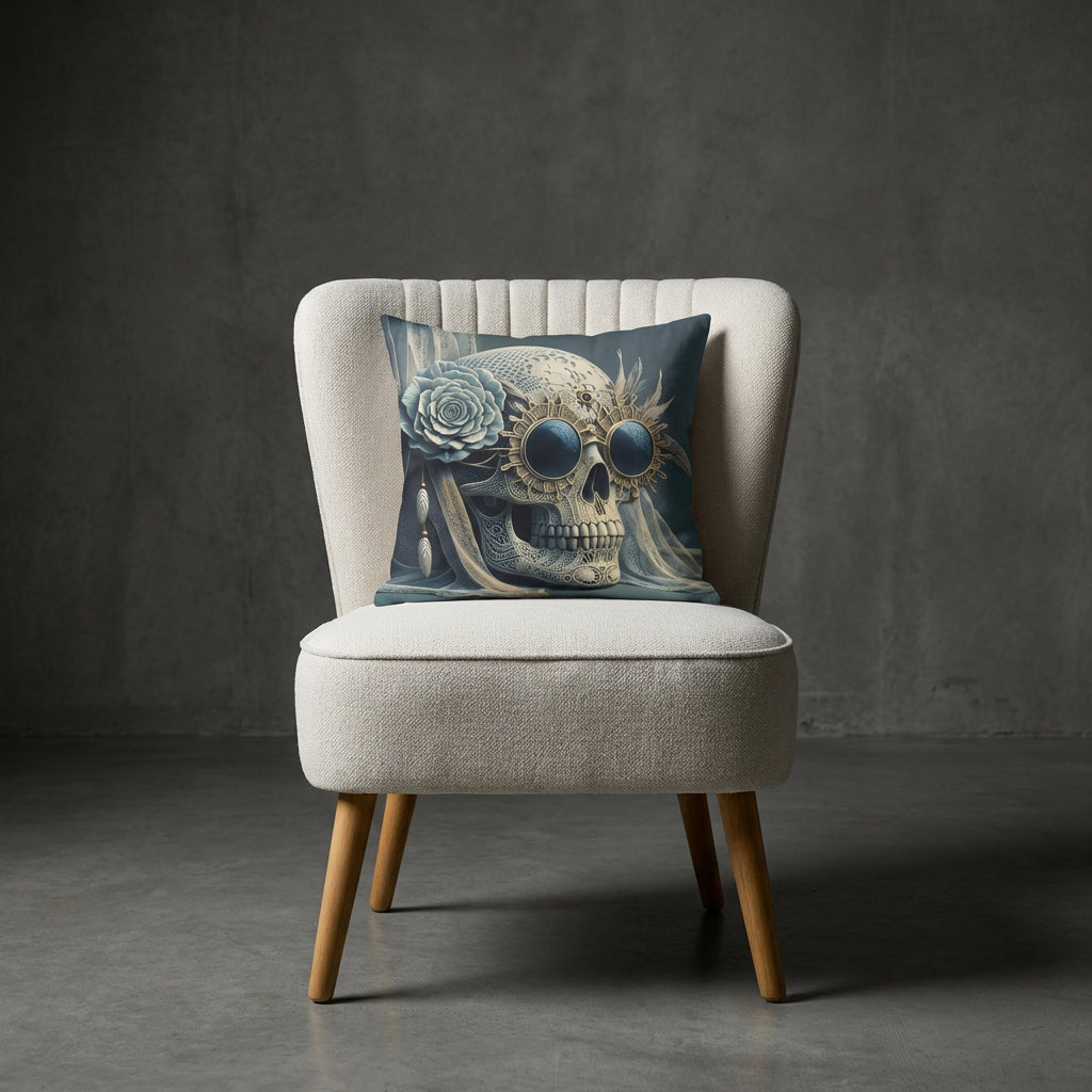 photographie professionnelle décoration de mobilier, fauteuil épuré de style crapaud écru capitonné avec un coussin mzelle design motif tête de mort posé dessus, placé dans un décor neutre.