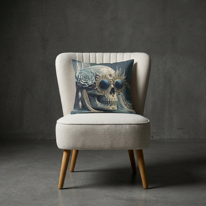 photographie professionnelle décoration de mobilier, fauteuil épuré de style crapaud écru capitonné avec un coussin mzelle design motif tête de mort posé dessus, placé dans un décor neutre.