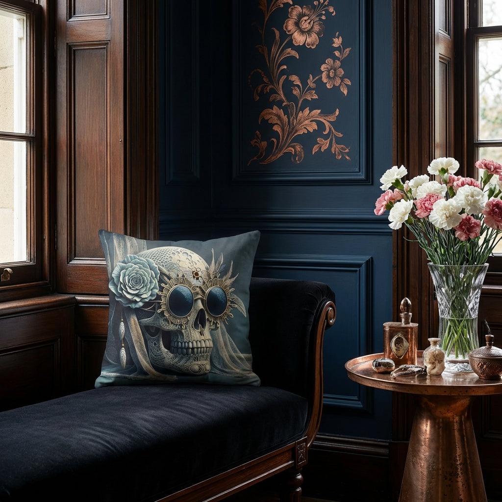 photographie professionnelle d'un boudoir, vue rapprochée de face sur un coussin mzelle design motif vanité bleu ciel, posé sur une banquette régence en velours noir placée dans bow-window en bois sombre verni. Mur bleu profond avec moulures classiques, partiellement décoré d'une fresque florale baroque cuivré stylisé, guéridon en cuivre patiné avec des fleurs et des objets. 