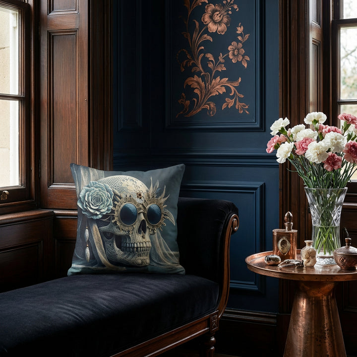 photographie professionnelle d'un boudoir, vue rapprochée de face sur un coussin mzelle design motif vanité bleu ciel, posé sur une banquette régence en velours noir placée dans bow-window en bois sombre verni. Mur bleu profond avec moulures classiques, partiellement décoré d'une fresque florale baroque cuivré stylisé, guéridon en cuivre patiné avec des fleurs et des objets. 
