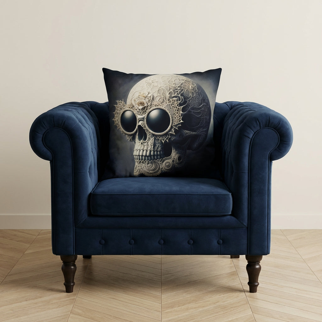 photographie professionnelle décoration de mobilier, fauteuil épuré de style crapaud bleu nuit capitonné avec un coussin mzelle design motif tête de mort baroque posé dessus, placé dans un décor neutre.
