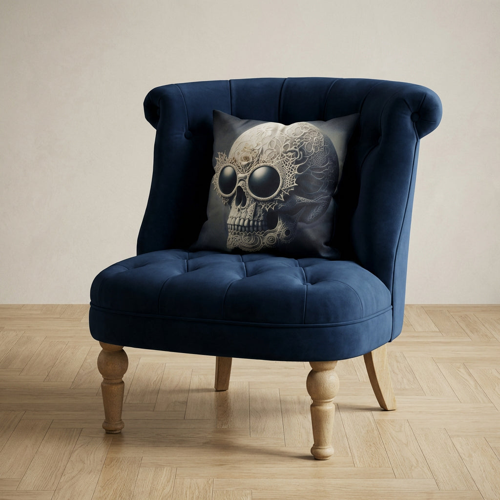 photographie professionnelle décoration de mobilier, fauteuil épuré de style crapaud bleu nuit capitonné avec un coussin mzelle design motif tête de mort baroque posé dessus, placé dans un décor neutre.